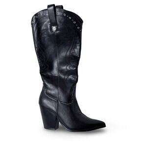 Fashion Womens Black Embroidered Studded Cowboy Western Boots Size 41 US 9 NEW
